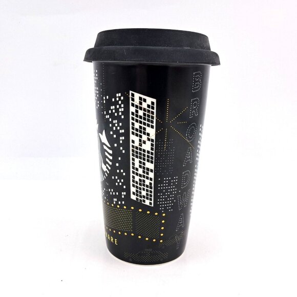 Starbucks Times Square NYC Broadway Travel Mug Ceramic Gold Black Silicon Lid - Picture 2 of 8